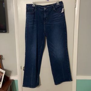 High rise, wide leg, dark wash blue jeans from Old Navy.